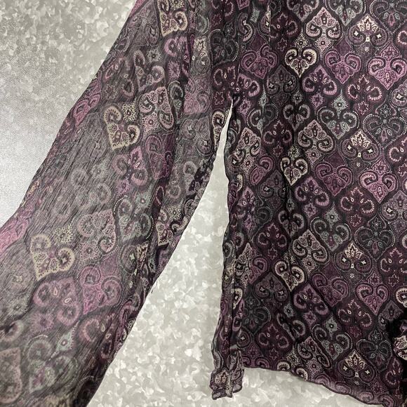 Axcess Purple Paisley Semi Sheer Ruffle Front Blouse - Size 12 - Long Sleeve Top - Picture 4 of 7